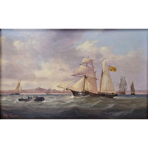 413 - Robert Moore (1905-1963)
  Oil on panel
 Pair of marine paintings depicting coastal scenes with scho... 