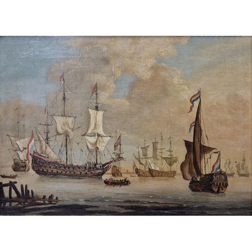 414 - Rai...? (19th century school)
 Oil on canvas
 Marine scene with Dutch galleons anchored off a coast ... 