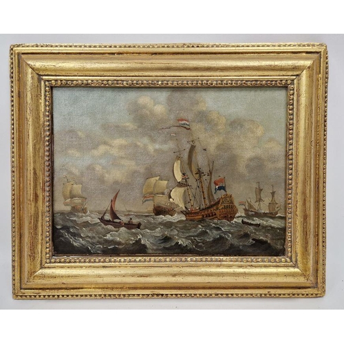 414 - Rai...? (19th century school)
 Oil on canvas
 Marine scene with Dutch galleons anchored off a coast ... 