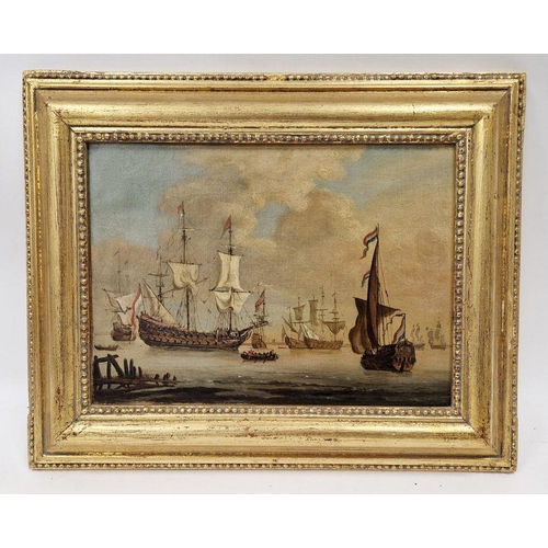 414 - Rai...? (19th century school)
 Oil on canvas
 Marine scene with Dutch galleons anchored off a coast ... 