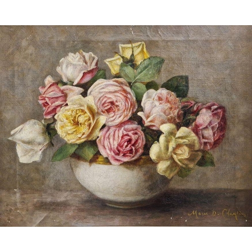 415 - Marie D Clayton (19th/20th century school)
 Oil on canvas
 Still life of roses in a bowl, signed low... 