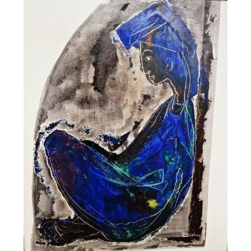 417 - Bernard Bouts (1909-1986/87) 
 Oil on panel 
 Abstract blue figure seated leaning against a wall, 74... 