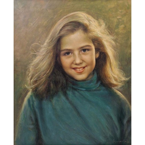 418 - J.B..incharian? (20th Century)
 Oil on canvas
 Portrait of a young girl wearing blue jumper, indisti... 