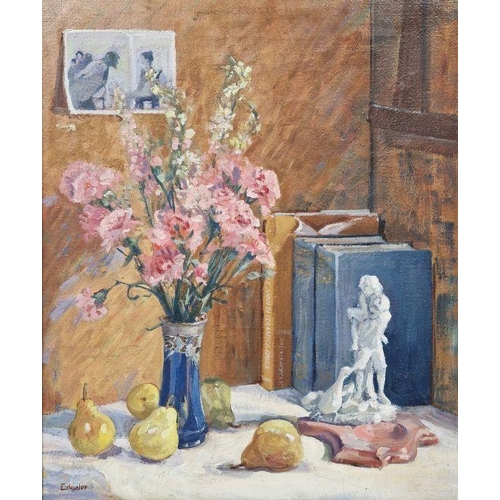 419 - Edgeler(?)
 Oil on canvas
 Still life with flowers in a vase, pears, and figurine, indistinctly sign... 