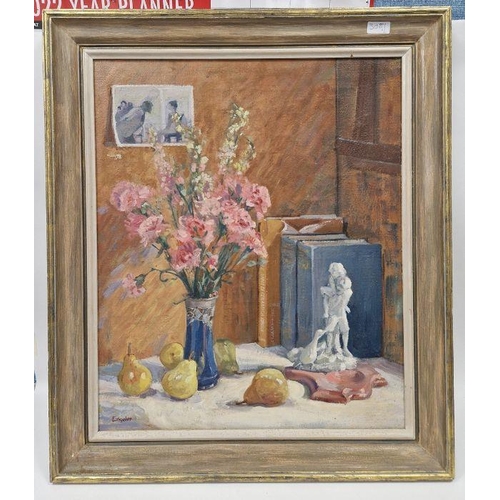 419 - Edgeler(?)
 Oil on canvas
 Still life with flowers in a vase, pears, and figurine, indistinctly sign... 