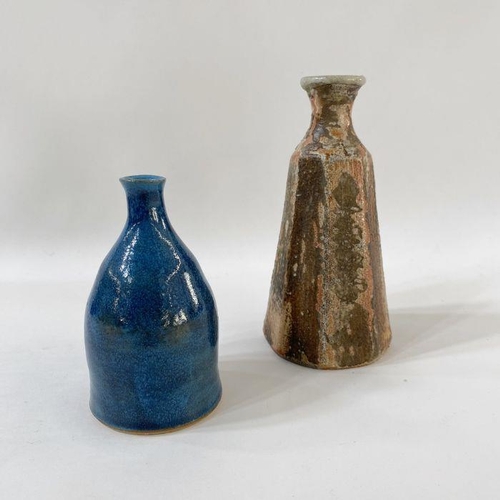 41A - Studio pottery vase in orange and brown, tapered form, 16cm high and a blue vase, marked to base and... 