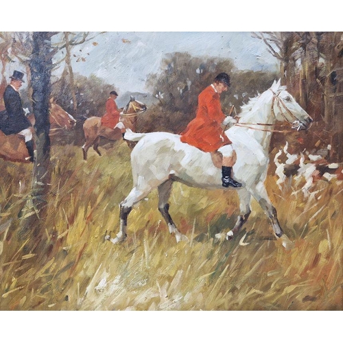 420 - 20th century school
 Oil on canvas
 Hunting scene with horses and hounds, unsigned, framed, 49.5cm x... 