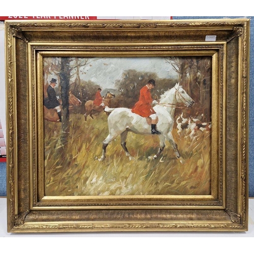 420 - 20th century school
 Oil on canvas
 Hunting scene with horses and hounds, unsigned, framed, 49.5cm x... 