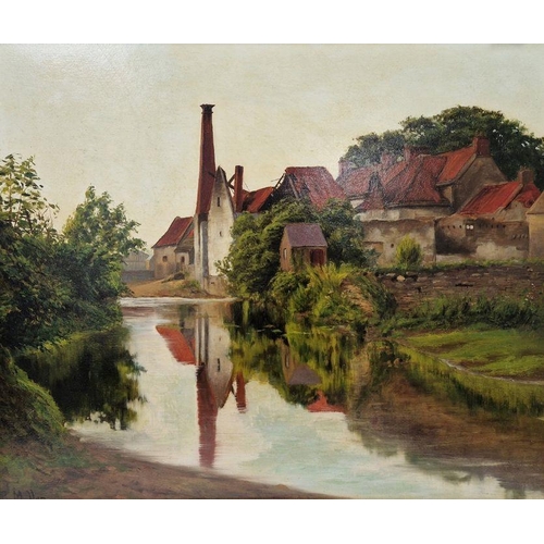 423 - R. Mullen (20th century school)
 Oil on board
 Mill on the bank of a river, signed lower left, frame... 