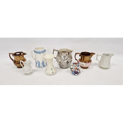 56 - Assorted English pottery jugs, early 19th century and later including a silver Sunderland lustre exa... 