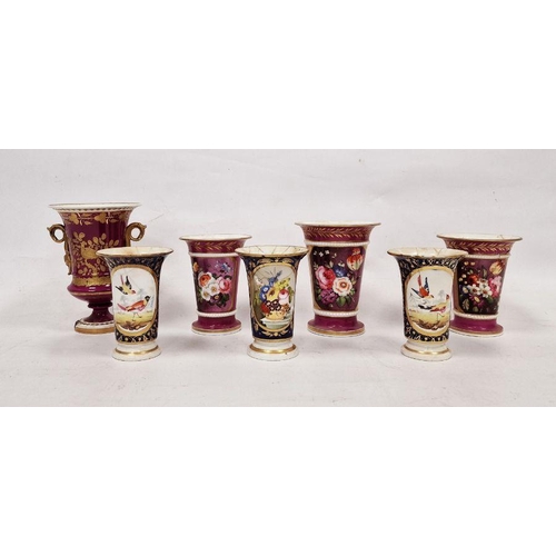 7 - 19th century porcelain trio of beaker vases, flared rim and painted with floral spray on puce ground... 