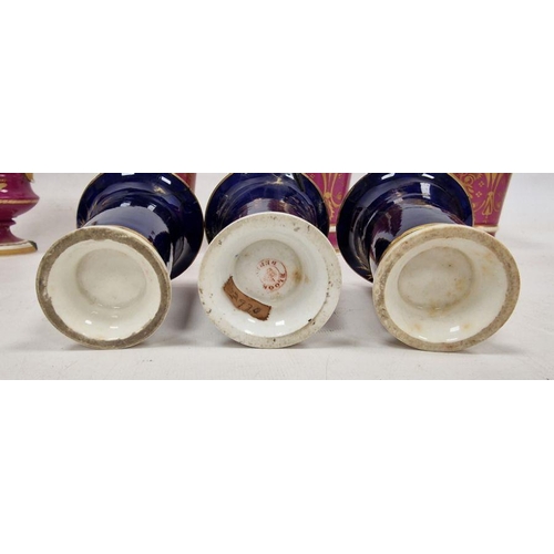 7 - 19th century porcelain trio of beaker vases, flared rim and painted with floral spray on puce ground... 