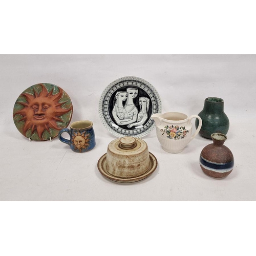 70 - Collection of studio pottery, a Delft plate and other items including a Sun Pottery wall plaque, a D... 