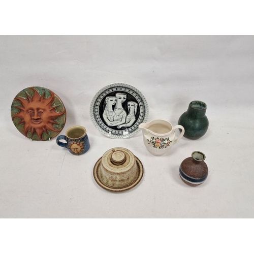 70 - Collection of studio pottery, a Delft plate and other items including a Sun Pottery wall plaque, a D... 