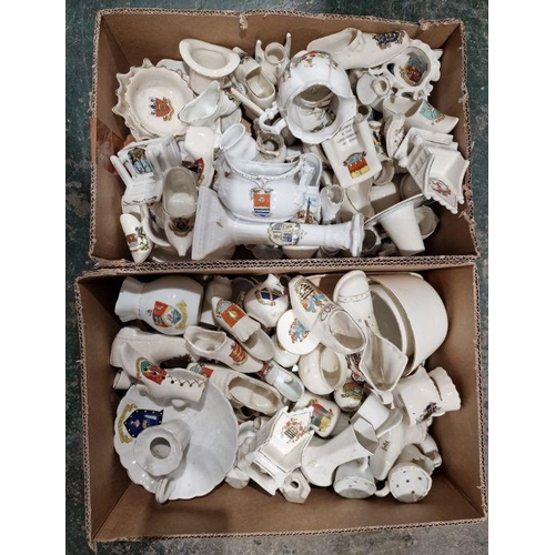 71 - Two boxes of crested china including Czechoslovakian examples, Longton China including shoes, jugs, ... 