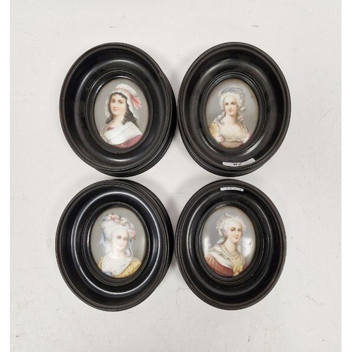 78 - Four Continental porcelain Berlin style oval portrait plaques, each printed and painted with an 18th... 