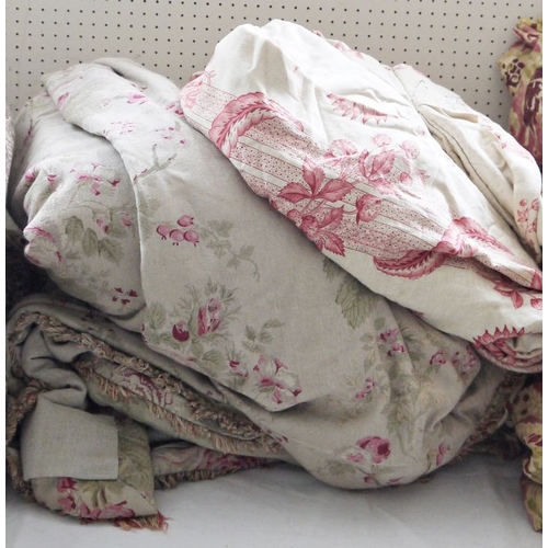 457 - Two pairs of pinch pleat printed chintz pattern curtains, each printed with pink roses and rosehips ... 