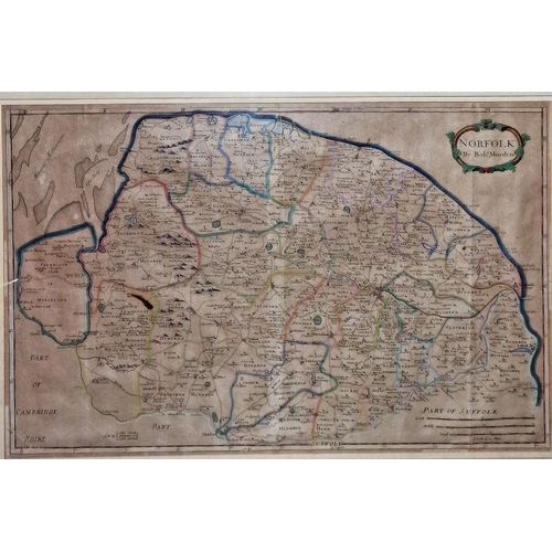 104 - Map - Robert Morden - Norfolk -  hand coloured, centre fold of the map is raised, 37 x 57 cms, glaze... 