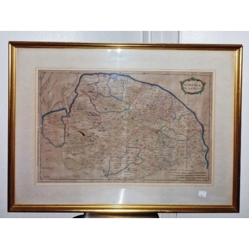 104 - Map - Robert Morden - Norfolk -  hand coloured, centre fold of the map is raised, 37 x 57 cms, glaze... 