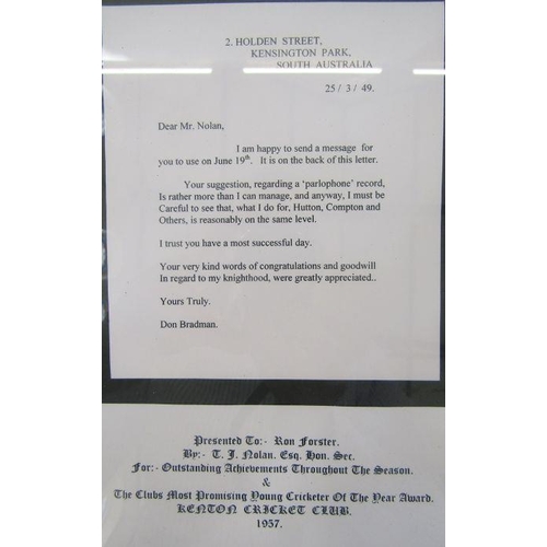 114 - Cricketing ephemera - a letter from Don Bradman to Mr Nolan concerning a reference for Denis Compton... 