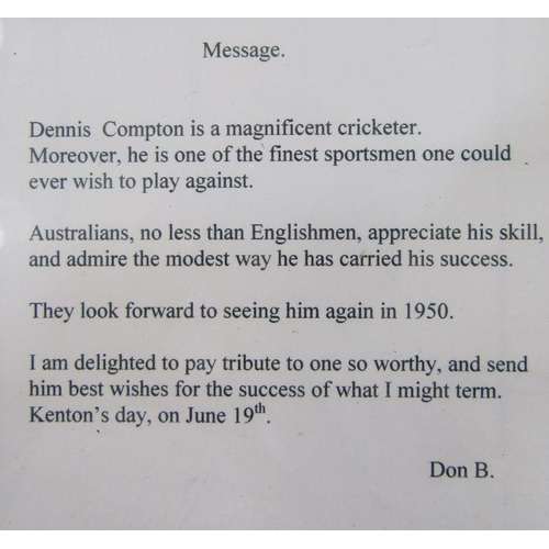 114 - Cricketing ephemera - a letter from Don Bradman to Mr Nolan concerning a reference for Denis Compton... 