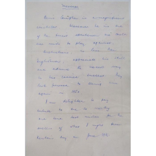 114 - Cricketing ephemera - a letter from Don Bradman to Mr Nolan concerning a reference for Denis Compton... 