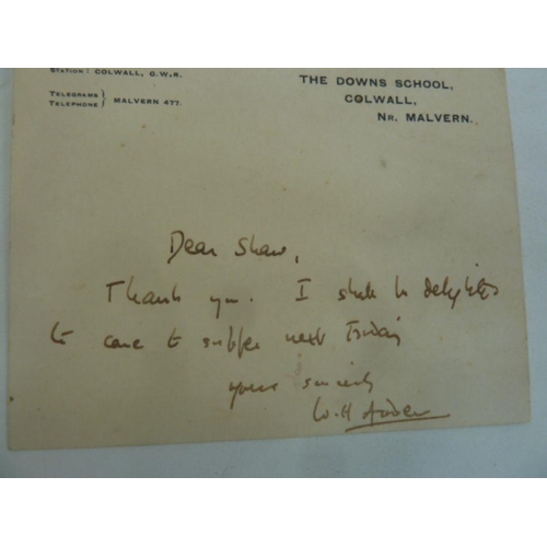 125 - W.H Auden  signature -  card with message - 'Dear Shaw , Thank you. I shall be delighted to come to ... 