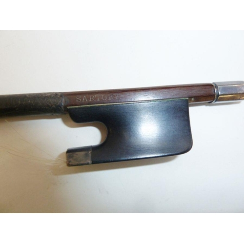 151 - Violin bow having silver mounts and aventurine inlay, stamped 'Sartory', 74cm long.