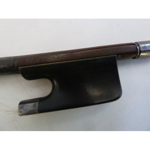 151 - Violin bow having silver mounts and aventurine inlay, stamped 'Sartory', 74cm long.