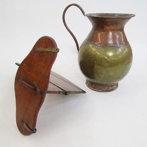 158 - Vintage brass-bound mahogany wooden small boat rudder, two black peaked caps, a brass horn and a bra... 