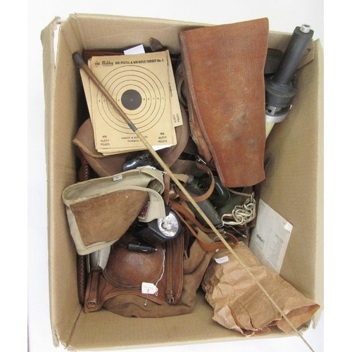 165 - Three canvas and leather gun carrying slings, a small cartridge case, a sleeve with suede pad for ri... 