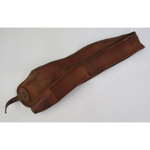 165 - Three canvas and leather gun carrying slings, a small cartridge case, a sleeve with suede pad for ri... 