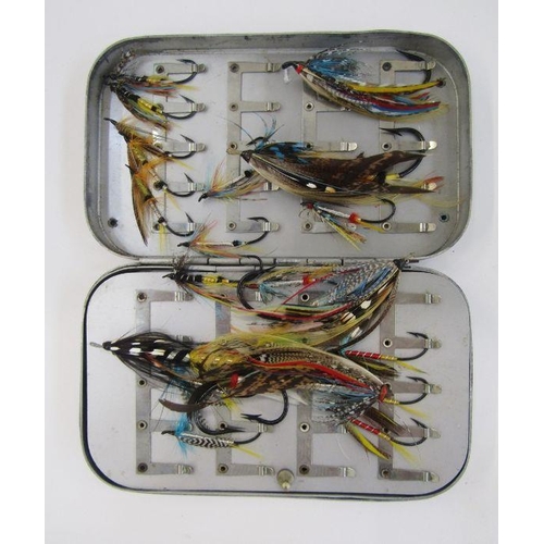 178 - The Wheatley Metal Salmon Fly Box with flies, another folding fly box with salmon and other flies an... 