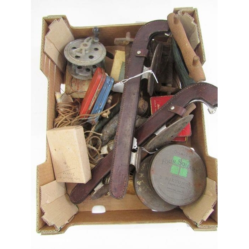 185 - Metal fishing reel, various fishing accessories and pair of metal and leather skates.