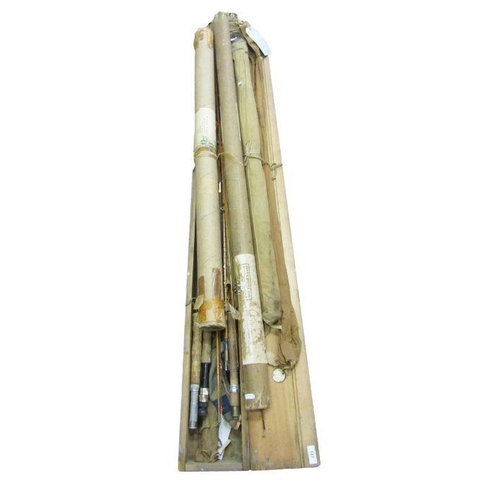 187 - Quantity of bamboo split cane fly fishing rod pieces and bags, all in long wooden box to include Har... 