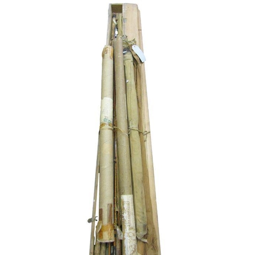 187 - Quantity of bamboo split cane fly fishing rod pieces and bags, all in long wooden box to include Har... 