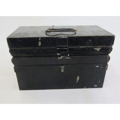 191 - Metal concertina fishing box containing spinner, lures, floats and other items and a black six-drawe... 