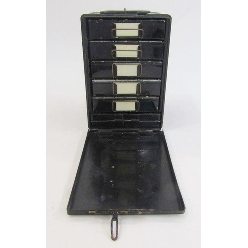 191 - Metal concertina fishing box containing spinner, lures, floats and other items and a black six-drawe... 