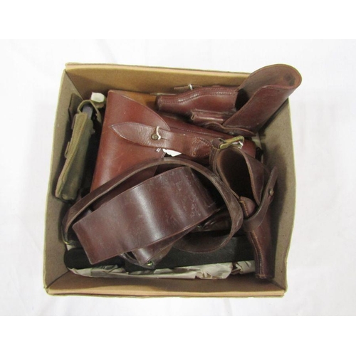 195 - Officer's leather Sam Browne belt with three leather gun holsters, two Colt super 38 pistol magazine... 