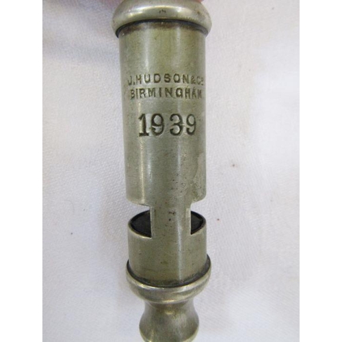 198 - WWII Air Raid precautions whistle, with a second dated 1939. Both made by J Hudson and Co of Birming... 