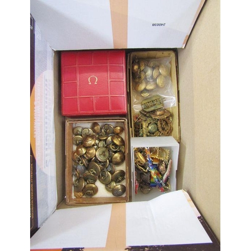 204 - Collection of military cap badges and buttons, together with an Omega watch box.