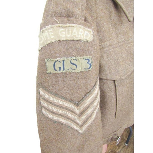 210 - WWII Home Guard battledress jacket with cap and cap badge of the Gloucestershire Regiment, gas mask,... 