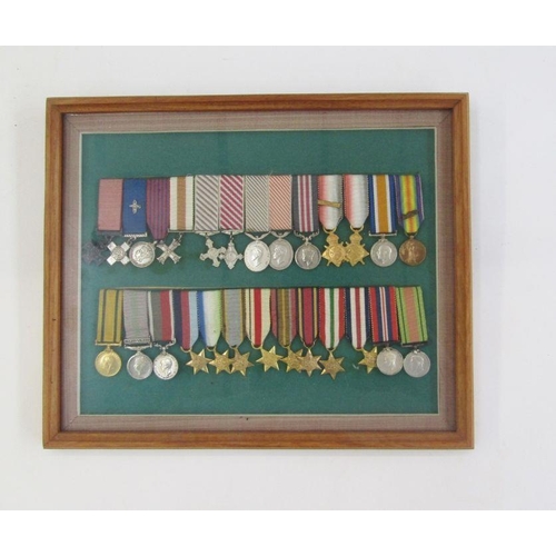 216 - Collection of miniature gallantry medals and campaign medals within glazed frame.