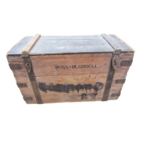 228 - Wooden mule chest, metal lined, the owner Moss Blundell was in the Bombay Grenadiers and the Raj Put... 