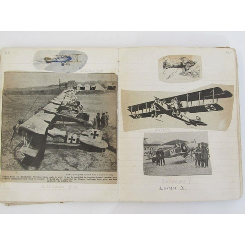 232 - A WWI era scrapbook containing numerous newspaper cuttings of WWI aircraft and some real photographs... 