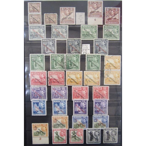 321 - Malta: blue 32-page stock-book of mint & used QV-QEII pre-decimal issues including QV GB cancelled A... 