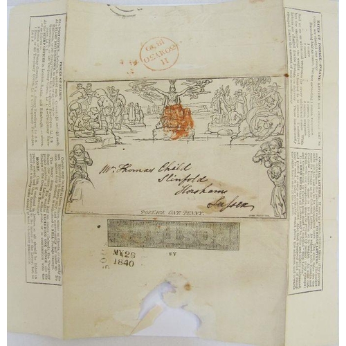 328 - GB: Mulready letter sheet of ‘MY 28 1840’ with red Maltese Cross and back receiver cancel of ‘MY 30 ... 