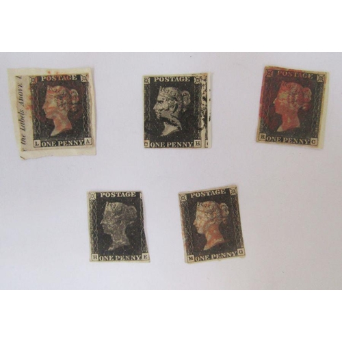 332 - GB: Five used QV line engraved imperforate 1d blacks, 3 & 4 margin, 3 with red Maltese cross/2 black... 