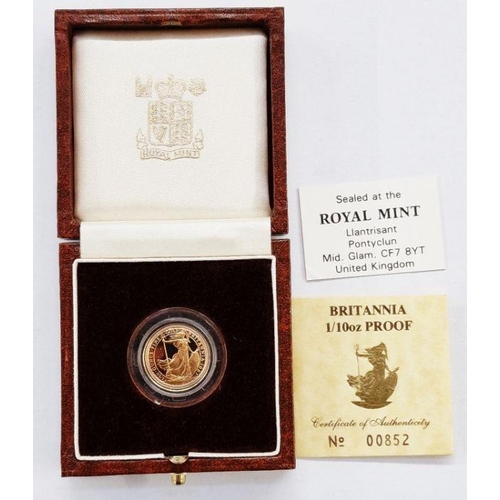 393 - Elizabeth II (1952-2022), 1987, Gold Proof Britannia 10 Pounds, Some marks on Obverse, in original b... 