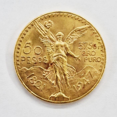 394 - Mexican 50 Peso Gold Coin features a design of The Angel of Independence as well as the year-date (1... 